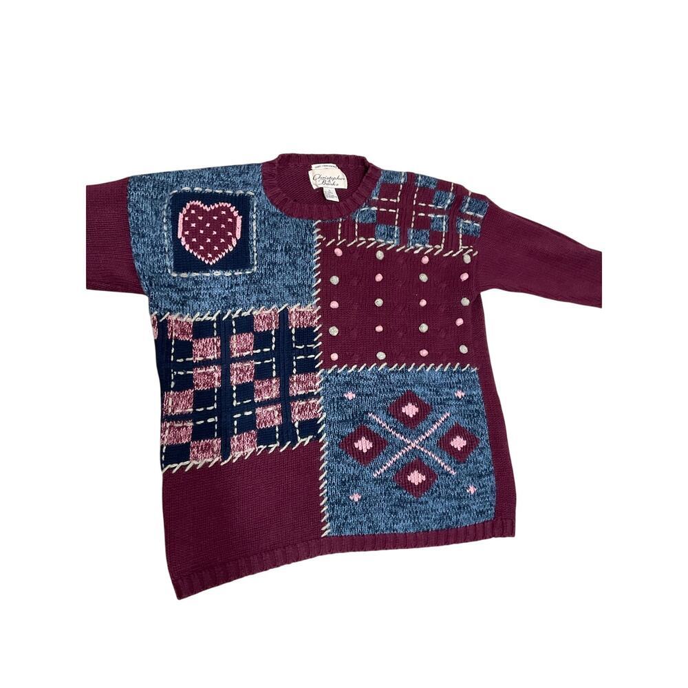 VTG 90s Christopher & Banks Patchwork Womens Sweater Size Medium Hand Embroided - Picture 4 of 9
